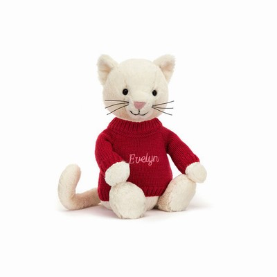 Jellycat Bashful Cream Kitten with Red Jumper USA | 70198VBWZ